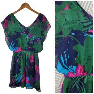 Express Floral Mesh Dress size Small Tropical Layered Lined Blue Green Pink
